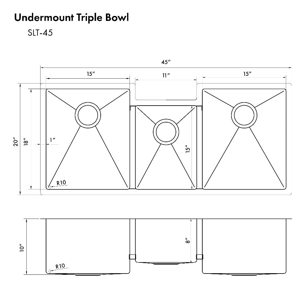 ZLINE 45 in. Breckenridge Undermount Triple Bowl Stainless Steel Kitchen Sink with Bottom Grid and Accessories (SLT-45)