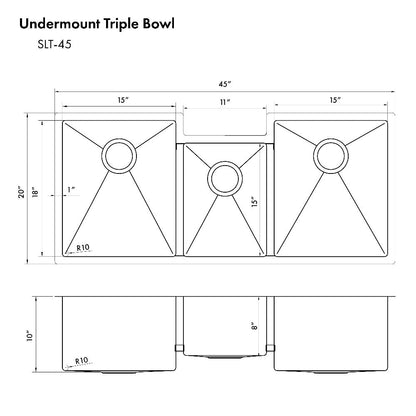ZLINE 45 in. Breckenridge Undermount Triple Bowl Stainless Steel Kitchen Sink with Bottom Grid and Accessories (SLT-45)