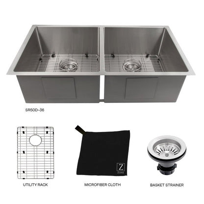 ZLINE 36 in. Anton Undermount Double Bowl Stainless Steel Kitchen Sink with Bottom Grid (SR50D-36)