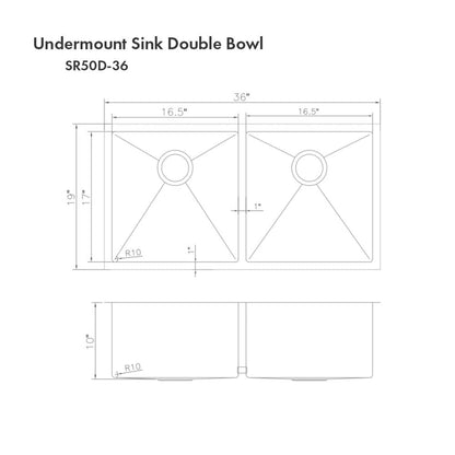 ZLINE 36 in. Anton Undermount Double Bowl Stainless Steel Kitchen Sink with Bottom Grid (SR50D-36)