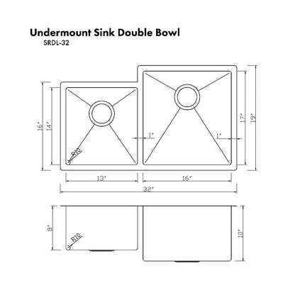 ZLINE 32 in. Jackson Undermount Double Bowl Stainless Steel Kitchen Sink with Bottom Grid (SRDL-32)