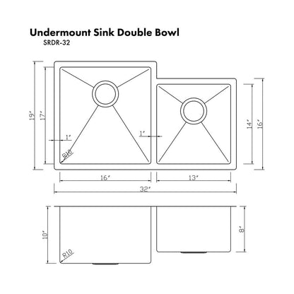 ZLINE 32 in. Jackson Undermount Double Bowl Stainless Steel Kitchen Sink with Bottom Grid (SRDR-32)