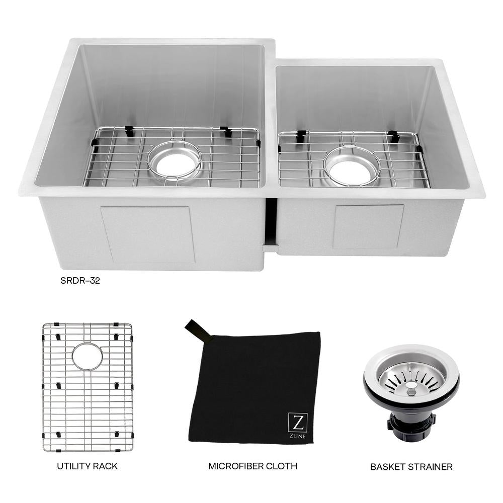 ZLINE 32 in. Jackson Undermount Double Bowl Stainless Steel Kitchen Sink with Bottom Grid (SRDR-32)