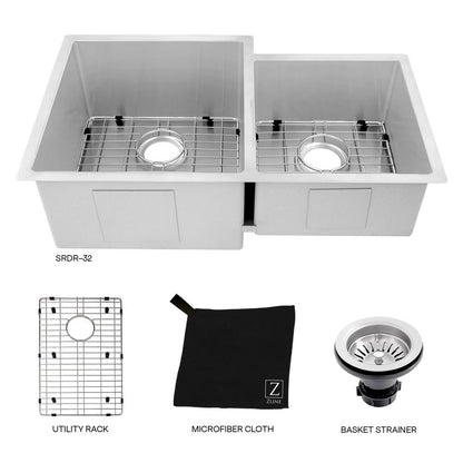 ZLINE 32 in. Jackson Undermount Double Bowl Stainless Steel Kitchen Sink with Bottom Grid (SRDR-32)