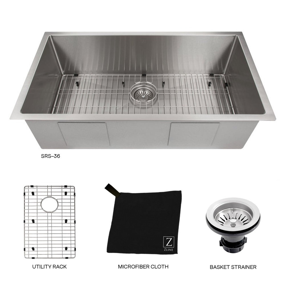 ZLINE 36 in. Meribel Undermount Single Bowl Stainless Steel Kitchen Sink with Bottom Grid (SRS-36)