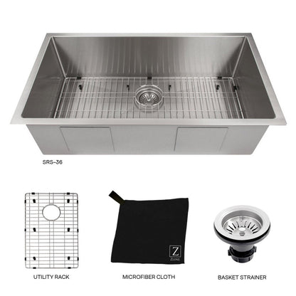 ZLINE 36 in. Meribel Undermount Single Bowl Stainless Steel Kitchen Sink with Bottom Grid (SRS-36)