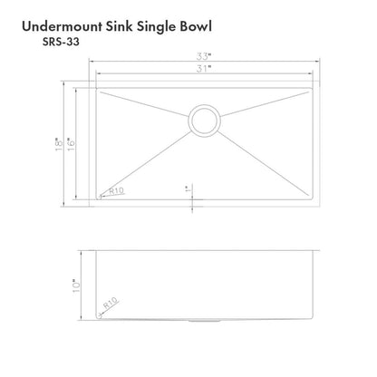 ZLINE 33 in. Meribel Undermount Single Bowl Stainless Steel Kitchen Sink with Bottom Grid (SRS-33)