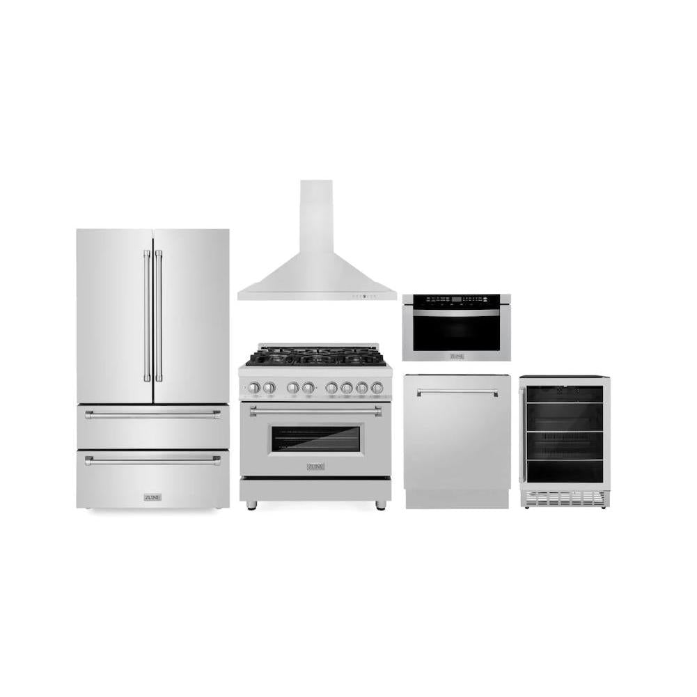 ZLINE Kitchen Package with 36 in. French Door Refrigerator, 36 in. Dual Fuel Range, 36 in. Range Hood, 24 in. Microwave Drawer, 24 in. Tall Tub Dishwasher and 24 in. Beverage Fridge in Stainless Steel (6KPR-RARH36-MWDWV-RBV)