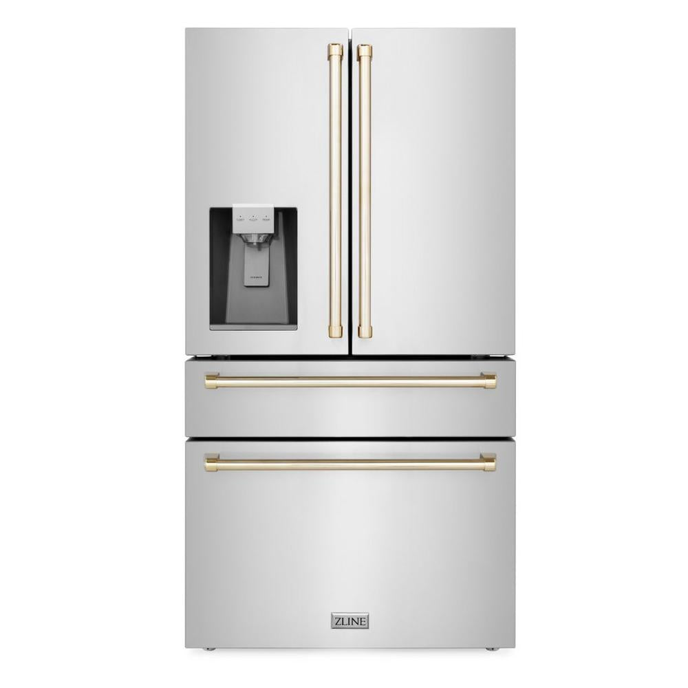 ZLINE Autograph Edition 36 in. 21.6 cu. ft. Counter-Depth French Door Refrigerator with Water and Ice Dispenser in Fingerprint-Resistant Stainless Steel with Polished Gold Traditional Handles (RFMZ-W-36-G)