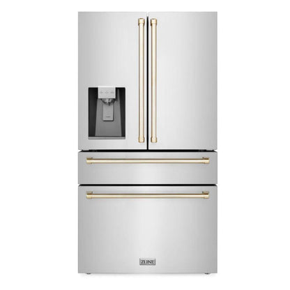 ZLINE Autograph Edition 48 in. Kitchen Package with Stainless Steel Dual Fuel Range, Range Hood, Dishwasher and Refrigerator Including External Water Dispenser with Polished Gold Accents (4AKPR-RARHDWM48-G)