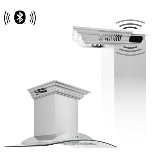 ZLINE 30 in. CrownSound™ Ducted Vent Wall Mount Range Hood in Stainless Steel and Glass with Built-in Bluetooth Speakers (KNCRN-BT-30)