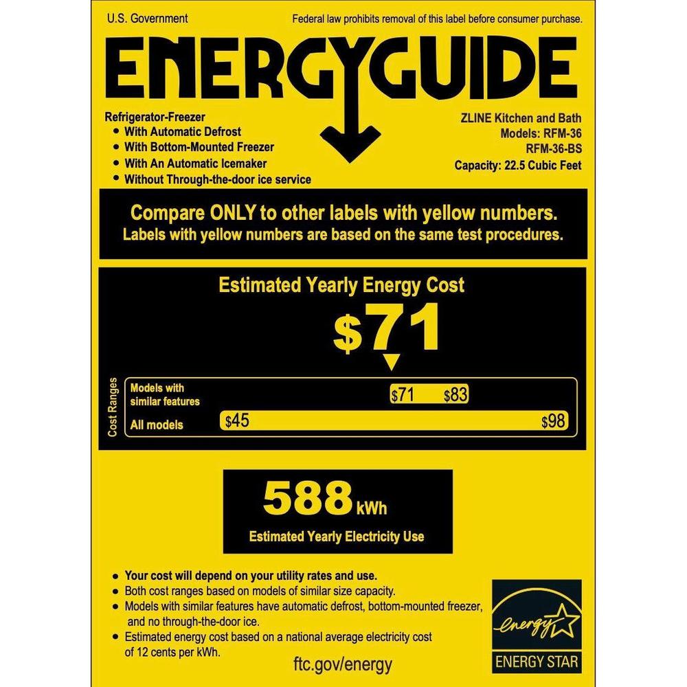 ZLINE 36 in. 22.5 cu. ft. Counter-Depth French Door Refrigerator with Ice Maker in Fingerprint-Resistant Stainless Steel (RFM-36)