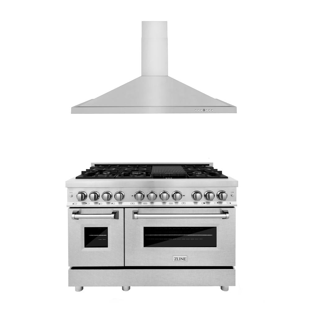ZLINE 48 in. Kitchen Package with Satin Stainless Steel Dual Fuel Range and Convertible Vent Range Hood (2KP-RASNRH48)