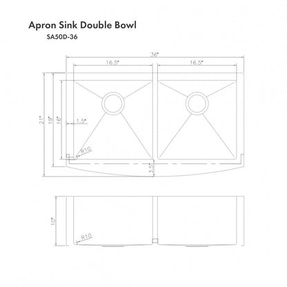 ZLINE 36 in. Niseko Farmhouse Apron Mount Double Bowl Stainless Steel Kitchen Sink with Bottom Grid (SA50D-36)
