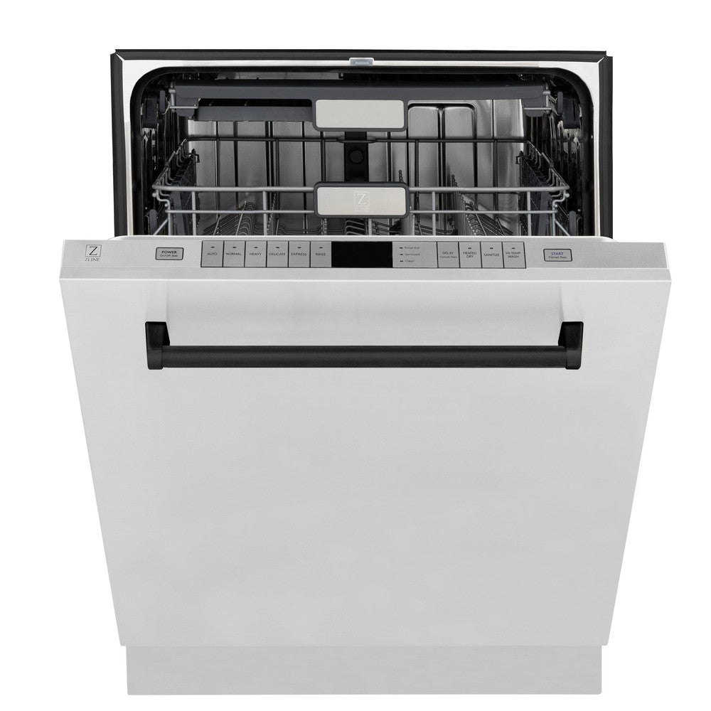 ZLINE Autograph Edition 30 in. Kitchen Package with Stainless Steel Dual Fuel Range, Range Hood, Dishwasher and Refrigerator with Matte Black Accents (4KAPR-RARHDWM30-MB)