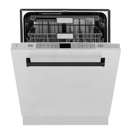 ZLINE Autograph Edition 30 in. Kitchen Package with Stainless Steel Dual Fuel Range, Range Hood, Dishwasher and Refrigerator with Matte Black Accents (4KAPR-RARHDWM30-MB)