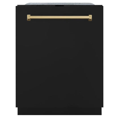ZLINE Autograph Edition 24 in. Monument Series 3rd Rack Top Touch Control Tall Tub Dishwasher in Black Matte with Champagne Bronze Handle, 45dBa (DWMTZ-BLM-24-CB)