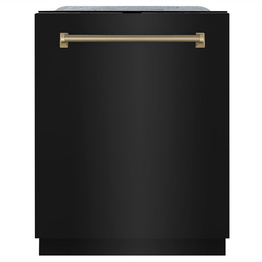 ZLINE Autograph Edition 24 in. Monument Series 3rd Rack Top Touch Control Tall Tub Dishwasher in Black Stainless Steel with Champagne Bronze Helix Handle, 45dBa (DWMTZ-BS-24-KCB)