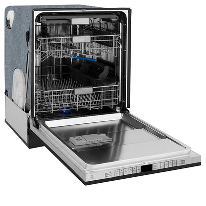 ZLINE Autograph Edition 24 in. Monument Series 3rd Rack Top Touch Control Tall Tub Dishwasher in Black Stainless Steel with Polished Gold Helix Handle, 45dBa (DWMTZ-BS-24-KG)