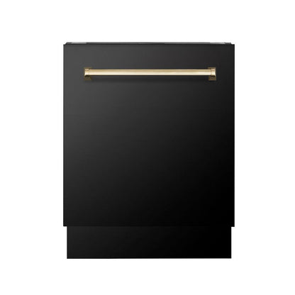 ZLINE Autograph Edition 48 in. Kitchen Package with Black Stainless Steel Dual Fuel Range, Range Hood and Dishwasher with Polished Gold Accents (3AKP-RABRHDWV48-G)