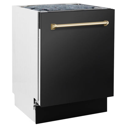 ZLINE Autograph Edition 48 in. Kitchen Package with Black Stainless Steel Dual Fuel Range, Range Hood and Dishwasher with Polished Gold Accents (3AKP-RABRHDWV48-G)