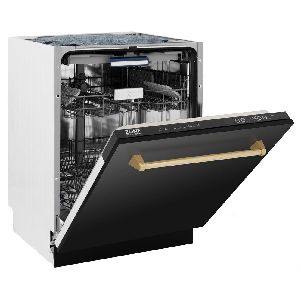 ZLINE Autograph Edition 24 in. 3rd Rack Top Control Tall Tub Dishwasher in Black Stainless Steel with Polished Gold Accent Handle, 51dBa (DWVZ-BS-24-G)