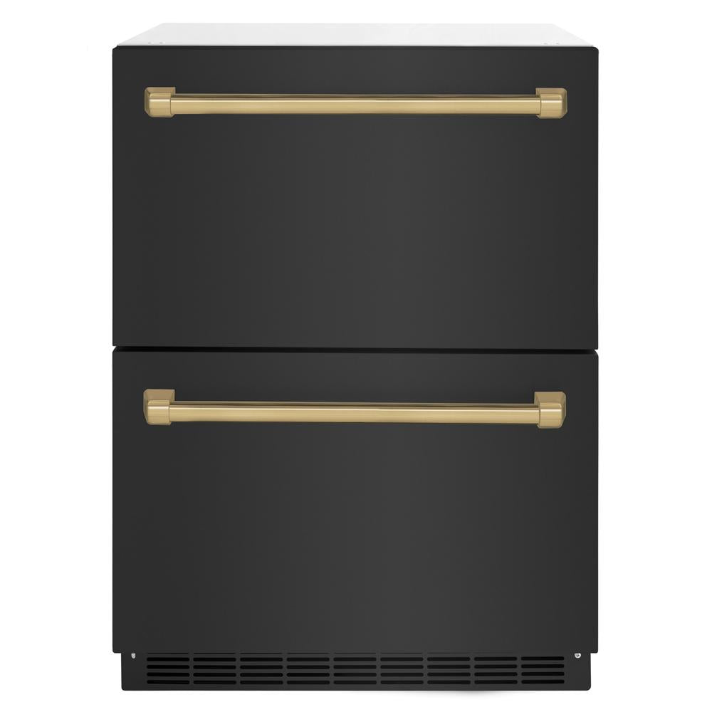 ZLINE Autograph Edition 24 in. Touchstone 168 Can Outdoor-Rated Dual Refrigerator Drawer with Black Stainless Steel Doors and Champagne Bronze Handles (RDSOZ-BS-24-CB)