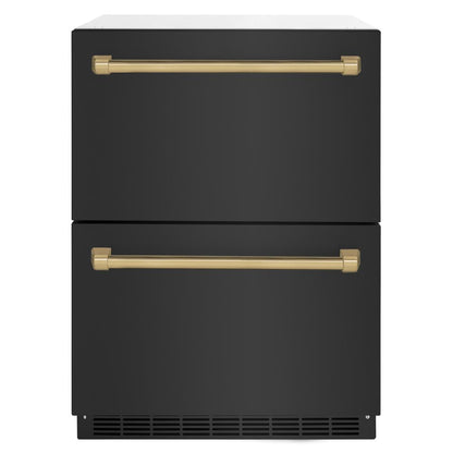 ZLINE Autograph Edition 24 in. Touchstone 168 Can Outdoor-Rated Dual Refrigerator Drawer with Black Stainless Steel Doors and Champagne Bronze Handles (RDSOZ-BS-24-CB)