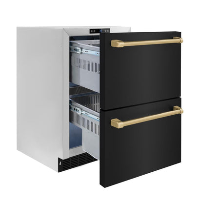 ZLINE Autograph Edition 24 in. Touchstone 168 Can Outdoor-Rated Dual Refrigerator Drawer with Black Stainless Steel Doors and Champagne Bronze Handles (RDSOZ-BS-24-CB)