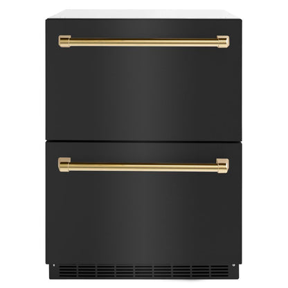 ZLINE Autograph Edition 24 in. Touchstone 168 Can Outdoor-Rated Dual Refrigerator Drawer with Black Stainless Steel Doors and Polished Gold Handles (RDSOZ-BS-24-G)
