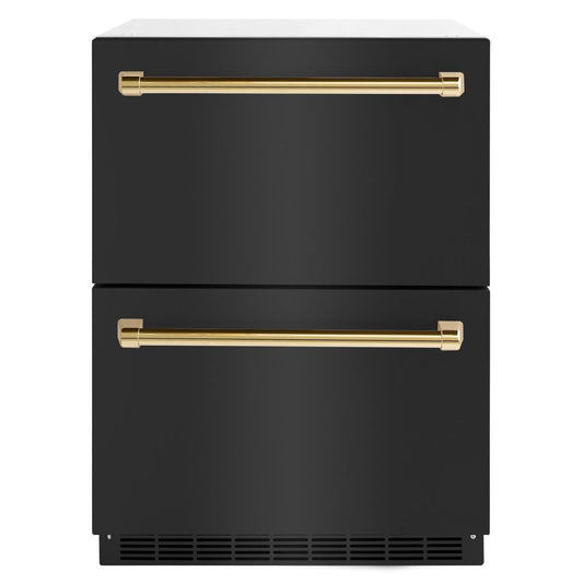 ZLINE Autograph Edition 24 in. Touchstone 168 Can Outdoor-Rated Dual Refrigerator Drawer with Black Stainless Steel Doors and Polished Gold Handles (RDSOZ-BS-24-G)