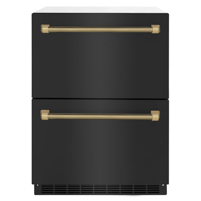 ZLINE Autograph Edition 24 in. Touchstone 168 Can Outdoor-Rated Dual Refrigerator Drawer with Black Stainless Steel Doors and Champagne Bronze Helix Handles (RDSOZ-BS-24-KCB)