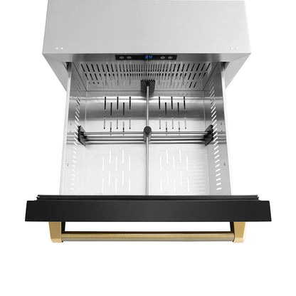 ZLINE Autograph Edition 24 in. Touchstone 168 Can Outdoor-Rated Dual Refrigerator Drawer with Black Stainless Steel Doors and Polished Gold Helix Handles (RDSOZ-BS-24-KG)