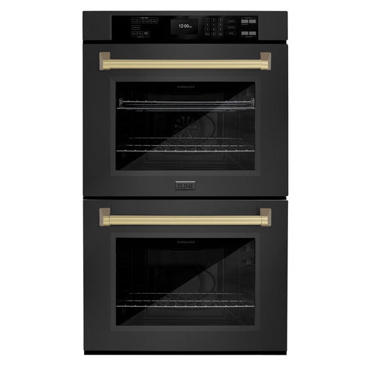 ZLINE Autograph Edition 30 in. Professional True Convection Double Wall Oven with Air Fry and Self Clean in Black Stainless Steel with Champagne Bronze Handles (WADBZ-30-CB)