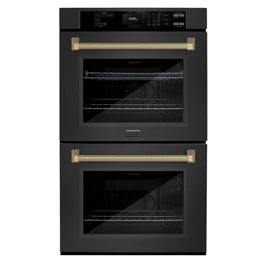 ZLINE Autograph Edition 30 in. Professional True Convection Double Wall Oven with Air Fry and Self Clean in Black Stainless Steel with Champagne Bronze Helix Handles (WADBZ-30-KCB)