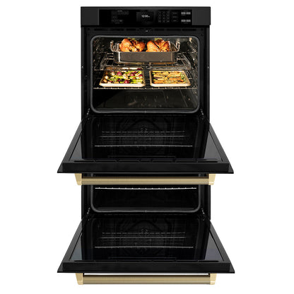 ZLINE Autograph Edition 30 in. Professional True Convection Double Wall Oven with Air Fry and Self Clean in Black Stainless Steel with Champagne Bronze Helix Handles (WADBZ-30-KCB)