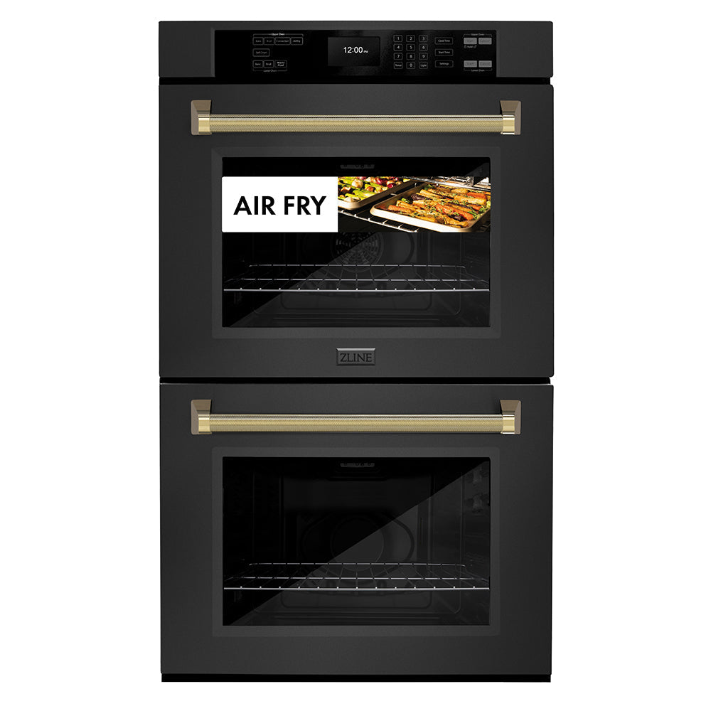 ZLINE Autograph Edition 30 in. Professional True Convection Double Wall Oven with Air Fry and Self Clean in Black Stainless Steel with Polished Gold Helix Handles (WADBZ-30-KG)