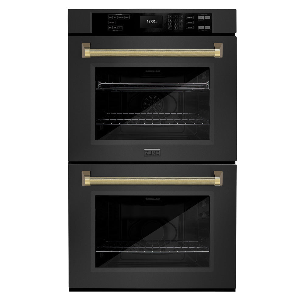 ZLINE Autograph Edition 30 in. Professional True Convection Double Wall Oven with Air Fry and Self Clean in Black Stainless Steel with Polished Gold Helix Handles (WADBZ-30-KG)