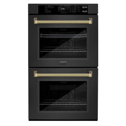 ZLINE Autograph Edition 30 in. Professional True Convection Double Wall Oven with Air Fry and Self Clean in Black Stainless Steel with Polished Gold Helix Handles (WADBZ-30-KG)