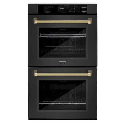 ZLINE Autograph Edition 30 in. Professional True Convection Double Wall Oven with Air Fry and Self Clean in Black Stainless Steel with Polished Gold Helix Handles (WADBZ-30-KG)
