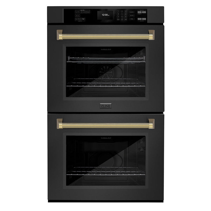 ZLINE Autograph Edition 30 in. Professional True Convection Double Wall Oven with Air Fry and Self Clean in Black Stainless Steel with Polished Gold Helix Handles (WADBZ-30-KG)