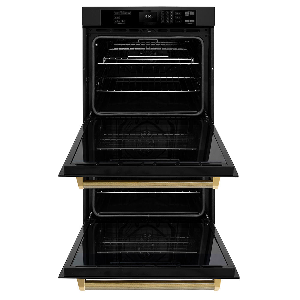 ZLINE Autograph Edition 30 in. Professional True Convection Double Wall Oven with Air Fry and Self Clean in Black Stainless Steel with Polished Gold Helix Handles (WADBZ-30-KG)
