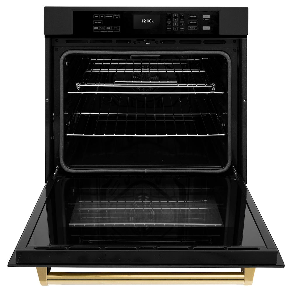 ZLINE Autograph Edition 30 in. Professional True Convection Single Wall Oven with Air Fry and Self Clean in Black Stainless Steel with Polished Gold Handle (WASBZ-30-G)