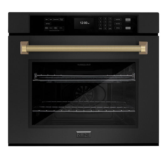 ZLINE Autograph Edition 30 in. Professional True Convection Single Wall Oven with Air Fry and Self Clean in Black Stainless Steel with Champagne Bronze Helix Handle (WASBZ-30-KCB)