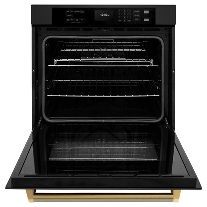 ZLINE Autograph Edition 30 in. Professional True Convection Single Wall Oven with Air Fry and Self Clean in Black Stainless Steel with Polished Gold Helix Handle (WASBZ-30-KG)