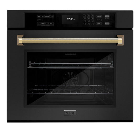 ZLINE Autograph Edition 30 in. Professional True Convection Single Wall Oven with Air Fry and Self Clean in Black Stainless Steel with Polished Gold Helix Handle (WASBZ-30-KG)