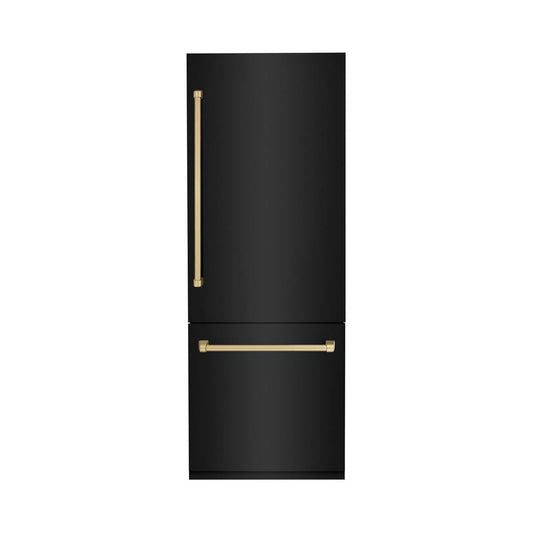 ZLINE Autograph Edition 30 in. 16.1 cu. ft. Built-In Bottom Freezer Refrigerator with Water Dispenser and Ice Maker in Black Stainless Steel with Champagne Bronze Accents (RBIVZ-BS-30-CB)
