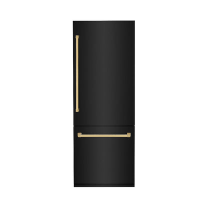 ZLINE Autograph Edition 30 in. 16.1 cu. ft. Built-In Bottom Freezer Refrigerator with Water Dispenser and Ice Maker in Black Stainless Steel with Polished Gold Accents (RBIVZ-BS-30-G)