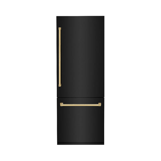 ZLINE Autograph Edition 30 in. 16.1 cu. ft. Built-In Bottom Freezer Refrigerator with Water Dispenser and Ice Maker in Black Stainless Steel with Polished Gold Accents (RBIVZ-BS-30-G)