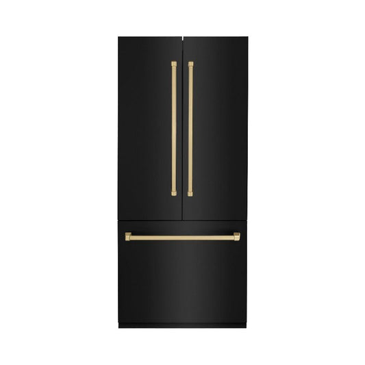 ZLINE Autograph Edition 36 in. 19.6 cu. ft. French Door Built-In Bottom Freezer Refrigerator with Water Dispenser and Ice Maker in Black Stainless Steel with Champagne Bronze Accents (RBIVZ-BS-36-CB)
